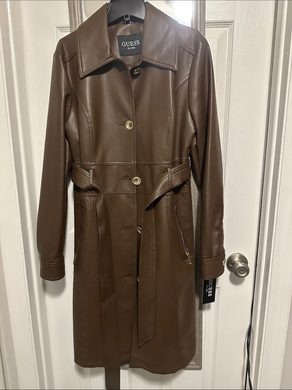 GUESS Brown Faux Leather Trench Coat with Belt